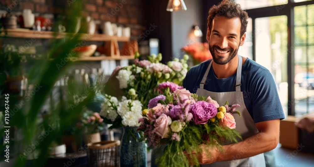 happy male florist holding bouquet of flowers in flower shop