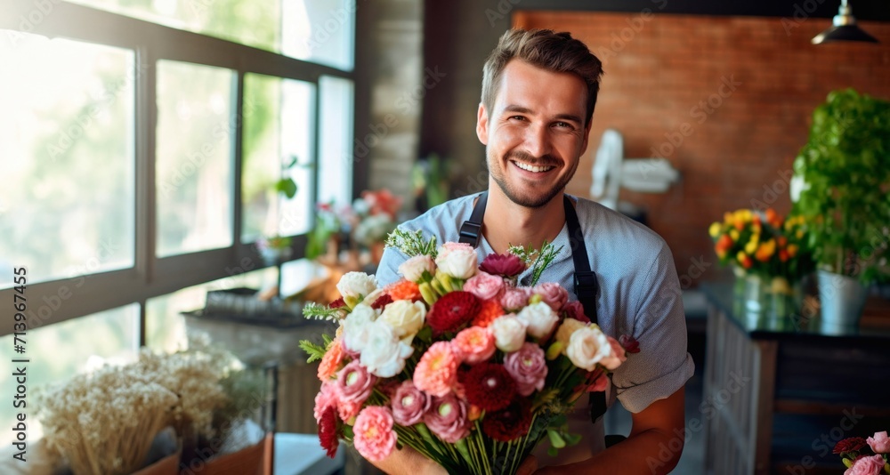 Male florist holding a bouquet of flowers in a flower shop