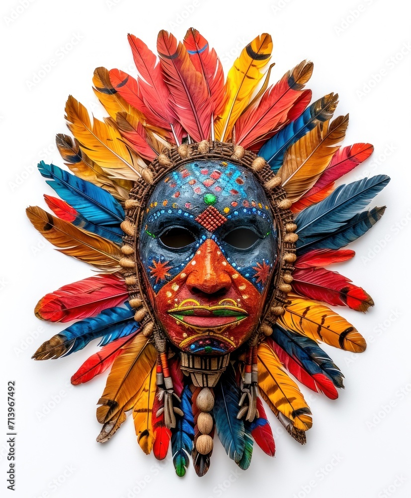 Traditional African mask with intricate colored details on a white background Traditional African mask with intricate colored details on a white background
