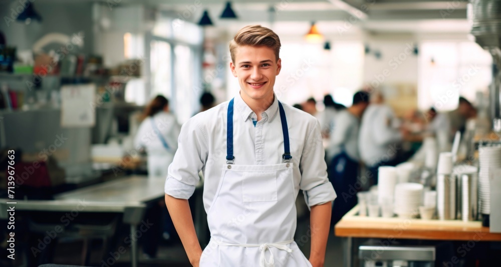 Portrait of smiling young male chef standing with arms akimbo in restaurant Portrait of smiling young male chef standing with arms akimbo in restaurant