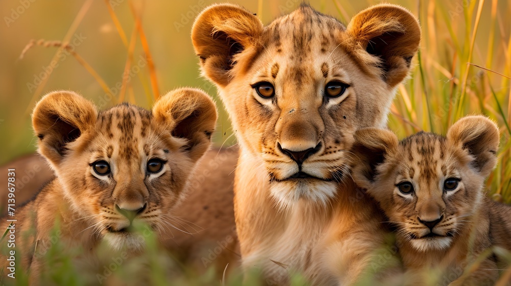 Lion Cubs Play in Grass: Heartwarming Family Moments with Mother's Watchful Gaze - Adorable Wildlife Scenes!
