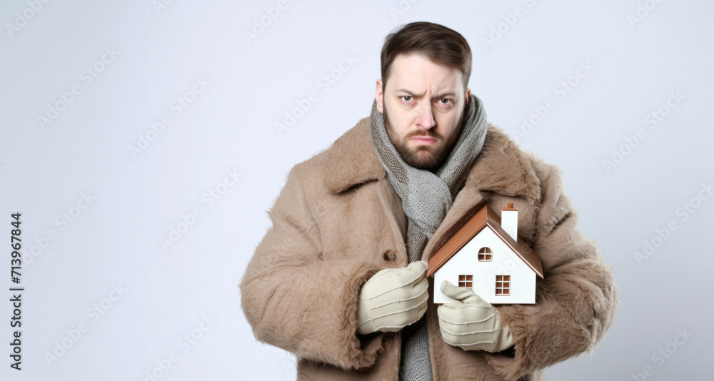 Obraz premium Man in fur coat with house model on grey background. Mortgage concept