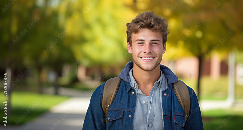 Portrait of a handsome young student smiling at camera in the park Portrait of a handsome young student smiling at camera in the park