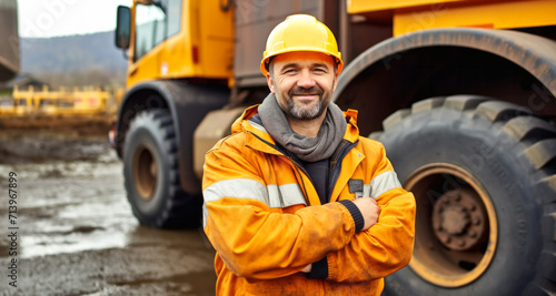Portrait of a smiling male worker standing with arms crossed at construction site