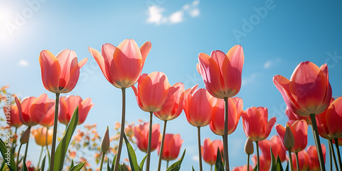 Spring tulip flowers with blue sky in background