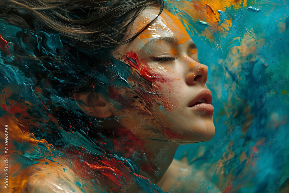A vibrant digital artwork showcases a woman with colorful hair and face submerged in intricate oils.