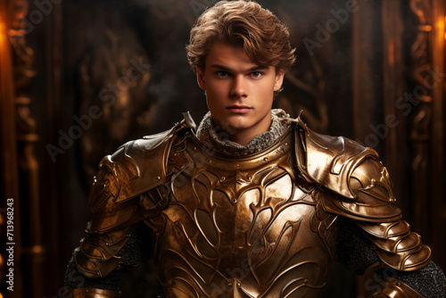 Young attractive knight in golden shiny armor