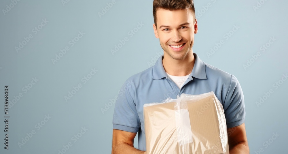 smiling delivery man with parcel box over grey background, closeup smiling delivery man with parcel box over grey background, closeup