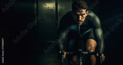 Portrait of a young man riding a bicycle in a dark gym