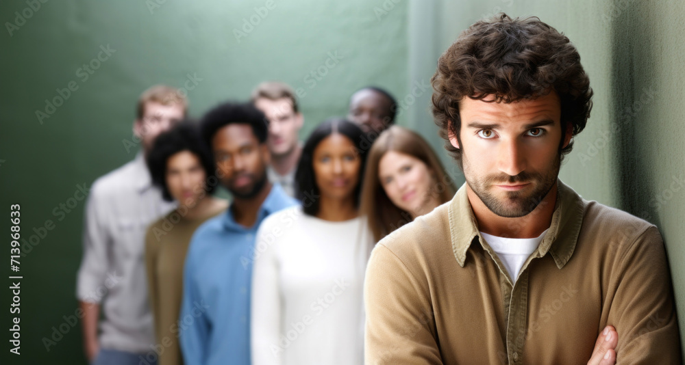 Portrait of young man standing in front of group of people Portrait of young man standing in front of group of people