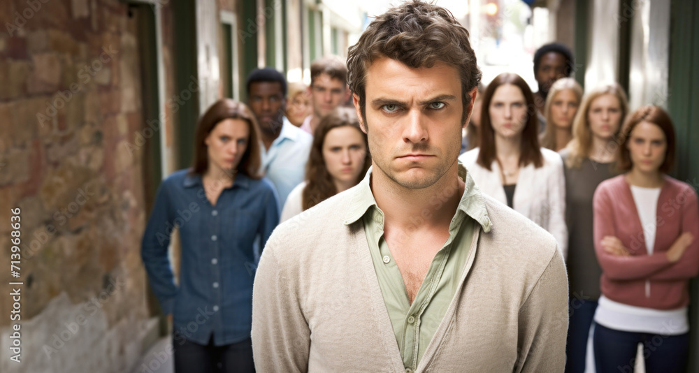 Obraz premium Portrait of serious young man standing in front of group of people