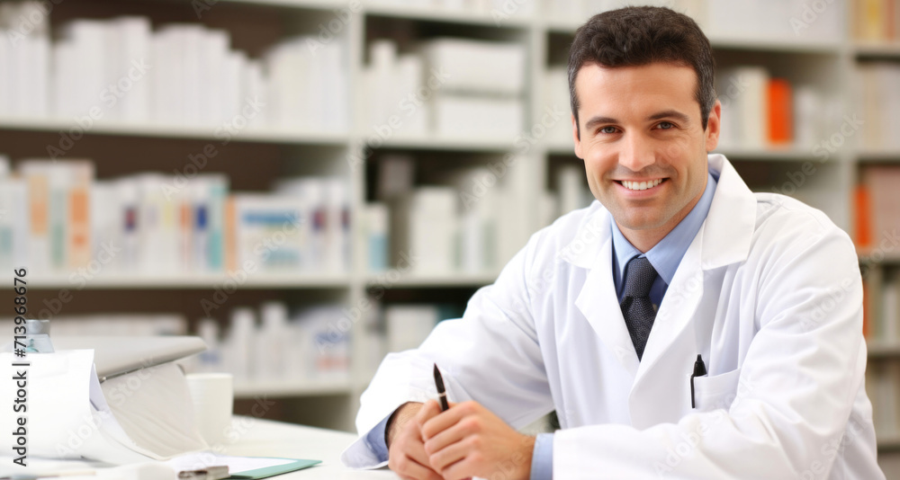Portrait of a young male pharmacist sitting at his working place Portrait of a young male pharmacist sitting at his working place
