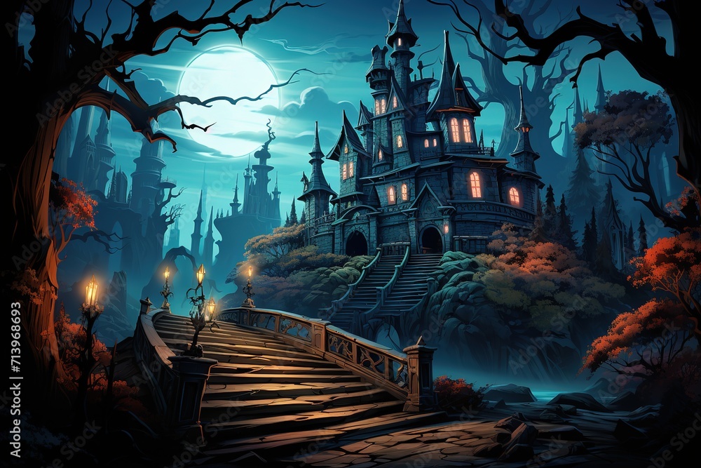 Halloween's old castle at night. Watercolor painting. Bright illustration for cards, banners, invitations, etc.