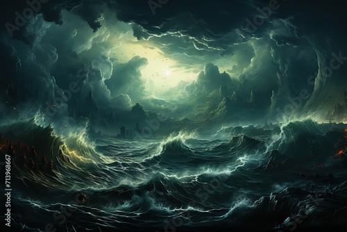 Bright lightning in a raging sea. A strong storm in the ocean. Big waves. Night thunderstorm. Dark tones.
