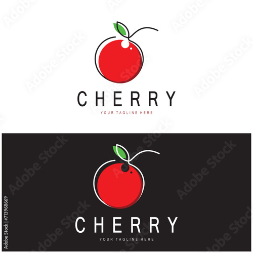 Fresh cherry fruit logo with minimalist leaf line art style. for fruit shop, cherry farm, cake, business,