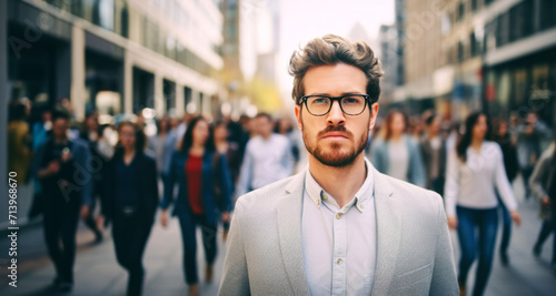 Portrait of handsome young businessman with eyeglasses walking in city