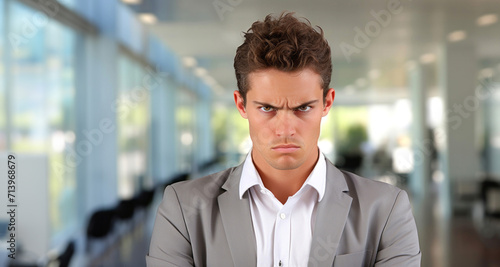 Portrait of a young businessman looking at camera with serious expression in office