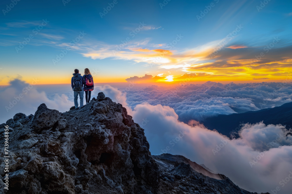 Rear view of a young couple hikers on top of a mountain in the background of a beautiful sunrise landscape. Travel concept of vacation and holiday.