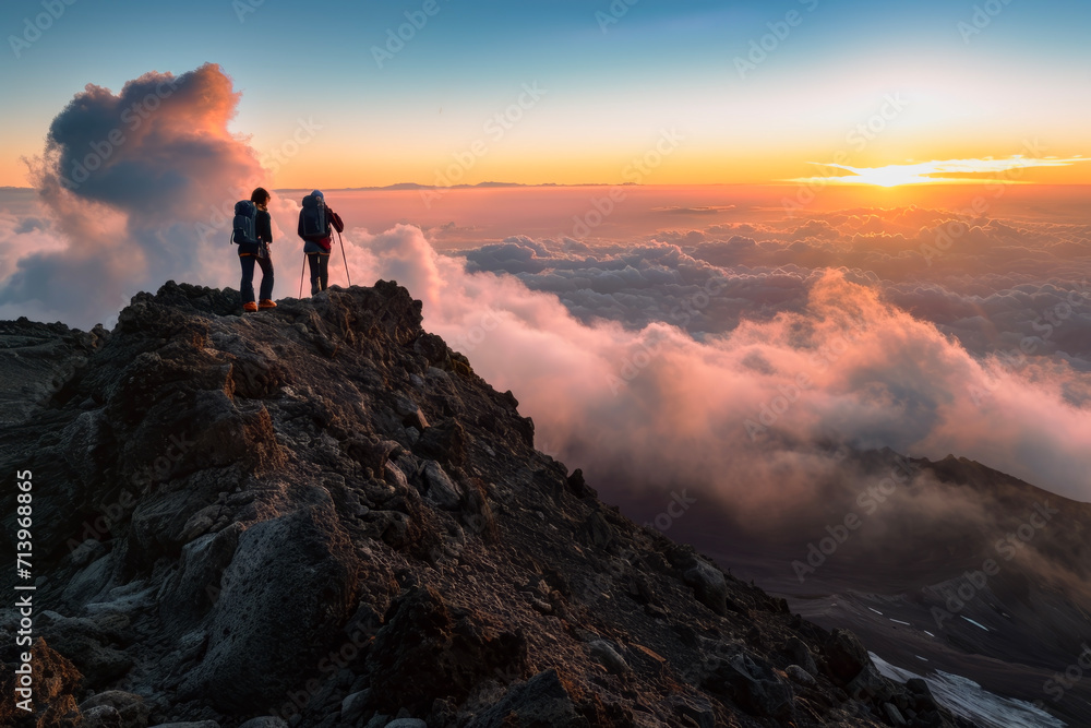 Rear view of a young couple hikers on top of a mountain in the background of a beautiful sunrise landscape. Travel concept of vacation and holiday.