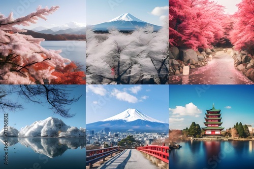 Photo collage montage of Japanese holiday landscapes  Tokyo  Kyoto  Osaka and Yokohama
