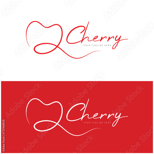 Fresh cherry fruit logo with minimalist leaf line art style. for fruit shop, cherry farm, cake, business,