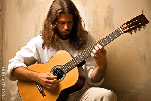 man with long hair and beard playing acoustic guitar on the wall background © YannTouvay
