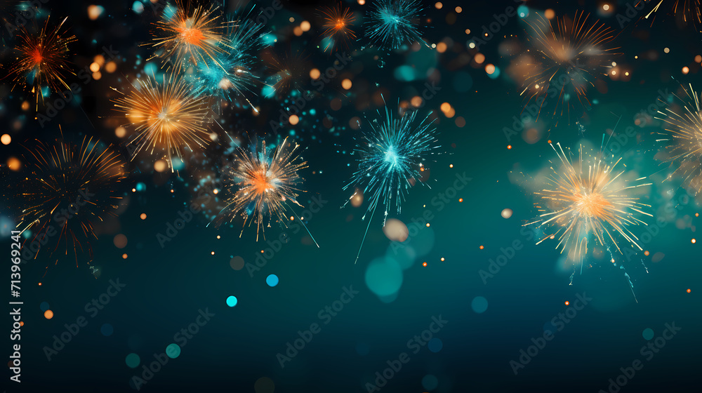 Naklejka premium Happy New Year, burning fireworks with bokeh light background