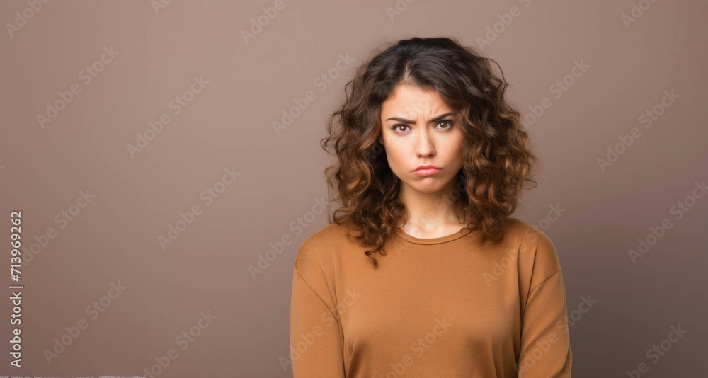 Portrait of a sad young woman with curly hair on a brown background Portrait of a sad young woman with curly hair on a brown background