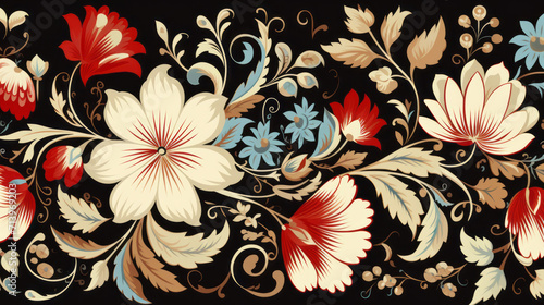Traditional Russian floral pattern on black background. Vibrant Spirit of Russia with Authentic flowers pattern photo