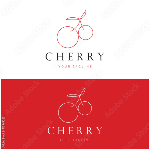 Fresh cherry fruit logo with minimalist leaf line art style. for fruit shop, cherry farm, cake, business,