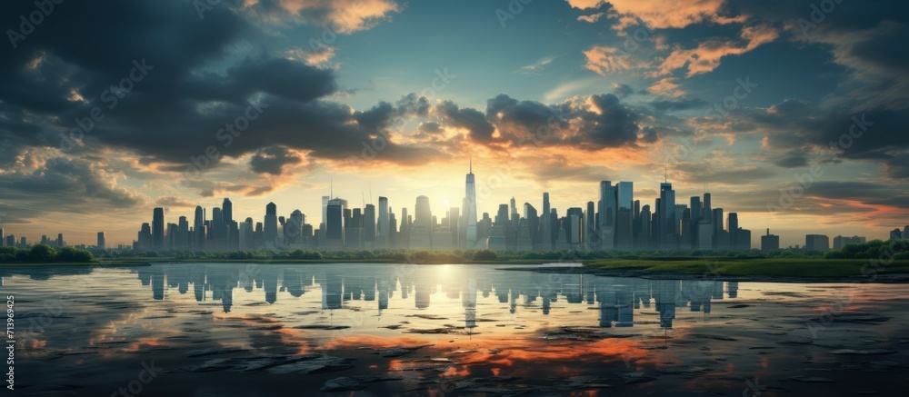 Naklejka premium Cityscape with skyscrapers. Sunlight with gray clouds