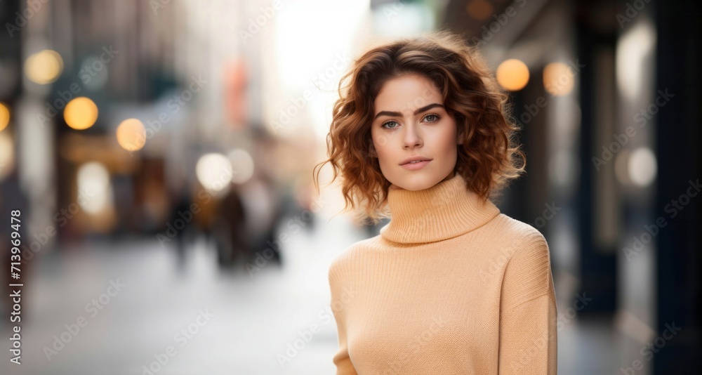 beautiful young woman in beige sweater walking in city at night