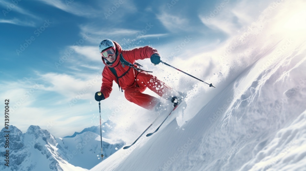 Skier jumping in the snow mountains on the slope with his ski and professional equipment on a sunny day.