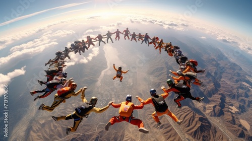 Skydiver beautiful teamwork formation. photo