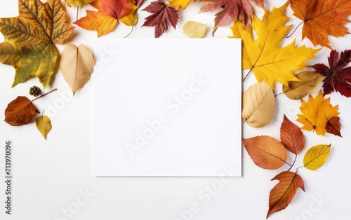 A Graceful Arrangement of Autumn Leaves on Blank Paper Isolated on White Background.