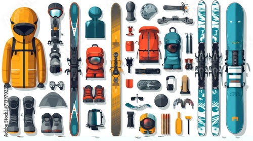 Ski equipment set. Active winter holiday kit in mountains. Sport gears: snowboard, backpack, helmet, boots, gloves, beeper, SPF, thermos, map. Flat isolated vector illustration on white background. photo
