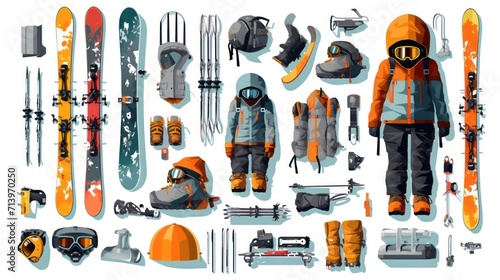 Ski equipment set. Active winter holiday kit in mountains. Sport gears: snowboard, backpack, helmet, boots, gloves, beeper, SPF, thermos, map. Flat isolated vector illustration on white background. photo