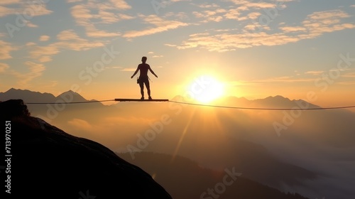 Silhouette of young man balancing on slackline high above clouds and mountains. Slackliner balancing on tightrope during sunset, highline silhouette. photo