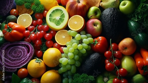 Close-up of colorful and varied fruits and vegetables Ai generated art