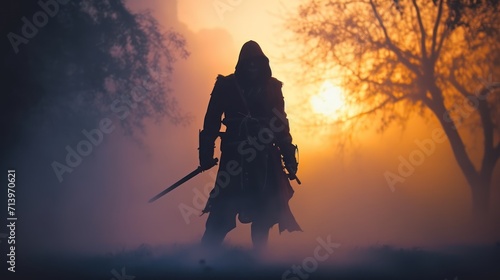 silhouette of a ninja fighter in smoke and fog.