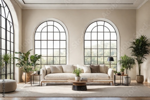 Minimalist home interior design of modern living room. White sofa and potted houseplants against arched window near beige wall with copy space. © Adrin