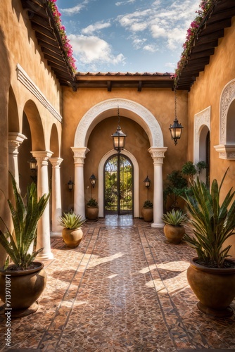Spanish hacienda-style estate courtyard with stucco archways, wrought iron lighting, potted plants, a tile fountain, and wooden doorways. © Adrin
