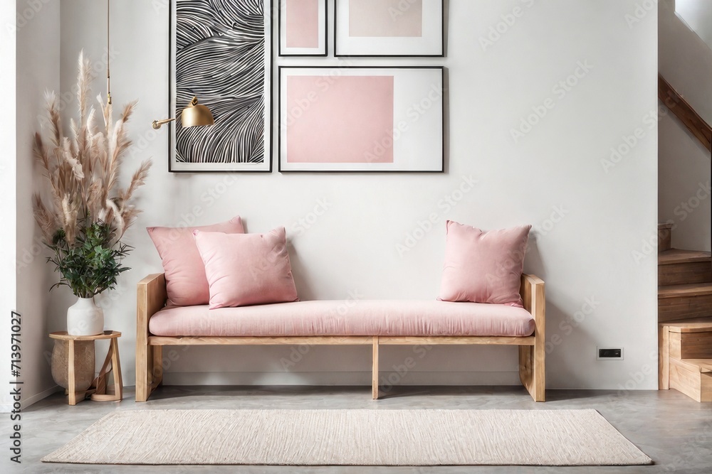 Wooden bench with pink pillows near staircase against white wall with three poster frame. Scandinavian style interior design of modern entrance hall. - obrazy, fototapety, plakaty 
