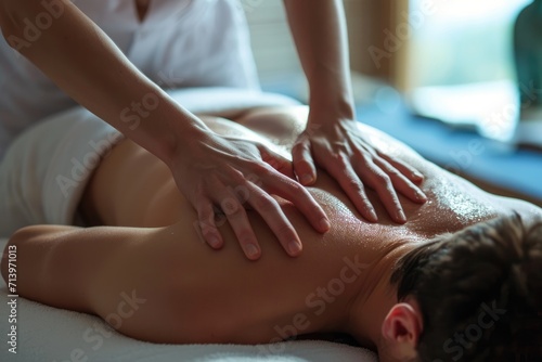 A Masseuse's Hands Provide Comforting Massage to a Man with Back Problems, Addressing Issues of Poor Posture and Promoting Well-being and Holistic Health