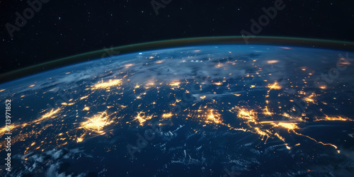 Big city lights view from space. Planet earth globe with night realistic world map. Communication concept. Generative AI