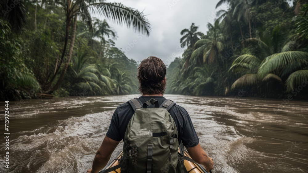 Canoeing the Amazon: A Man Explores the Untamed Beauty of the Rainforest, Paddling a Traditional Canoe Along a Jungle River, Embracing the Adventure in South America's Heart.





