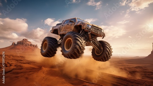 Photo of a monster truck soaring through the sky above a rugged dirt field.