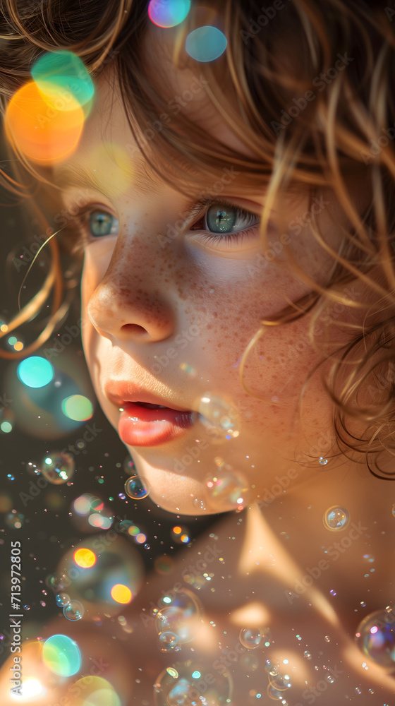 Child with curly hair marveling at shimmering soap bubbles