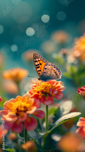 Orange butterfly perched delicately on vibrant summer flowers