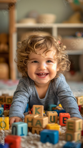 Curly-haired toddler smiling among colorful alphabet blocks